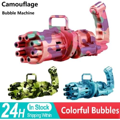 8 Hole Gatling Bubble Gun Summer Soap Water Bubble Machine Camouflage Cool Bubble Toys 2-in-1 Electric Bubble Machine For Kids
