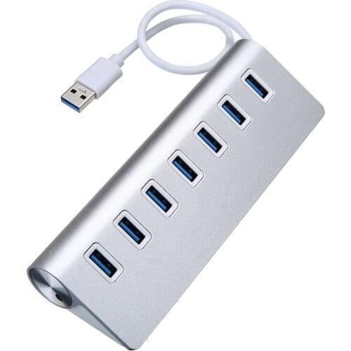 Pohiks 1pc Portable 7-Port USB 3.0 Hub + 5V/2A Power Adapter Durable Aluminum Alloy Expander Adapters For PC Laptop