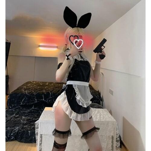 Black Faux Leather Bunny Girl Sexy Bodysuit Cosplay Costumes Erotic Gothic Lingerie for Women Maid Outfit Babby Doll Clothes