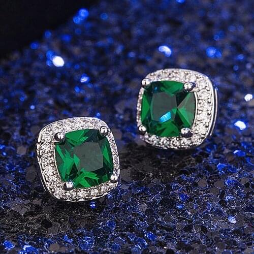 Classical fashion square green crystal emerald gemstones diamonds stud earrings for women white gold silver color jewelry bijoux