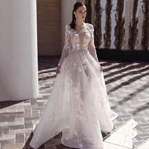 Sparky Tulle Sexy Wedding Dresses Glitter Long Sleeve Lace Bride Dress 3D Flowers Backless Castle Boho Wedding Gowns Robe Mariee