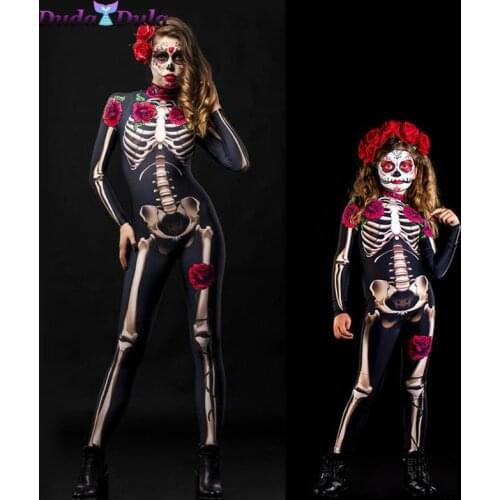 Adult Sexy Women Scary Ghost Costume Rose Skeleton Halloween Sexy Devil Jumpsuit Kids Baby Girl Carnival Party Day of The Dead