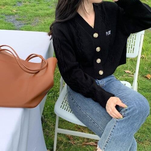 2020 Autumn Gentle Wind Purple Black Loose Short Women Sweater Chic Western Style V-neck Retro Long Sleeve Cardigan For Female