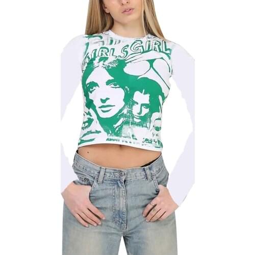 Female Crop Tops, Letters Human Face Print O-Neck Long Sleeve T-Shirt for Spring Summer, Green/White/Pink/Orange