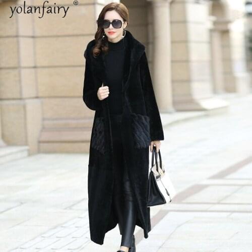 2020 Natural Fur Coat Female Long Sheep Shearling Winter Jacket Women Hooded Mink Fur Luxury Clothes Fashion Coats Abrigo Mujer