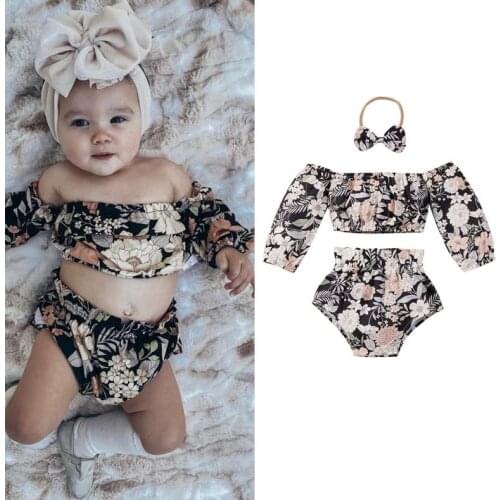 3Pcs Baby Girls Outfit Children Summer Sweet Style Off Shoulder Floral Printing Crop Top Shorts Bow Headwear Set Flower Sunsuits