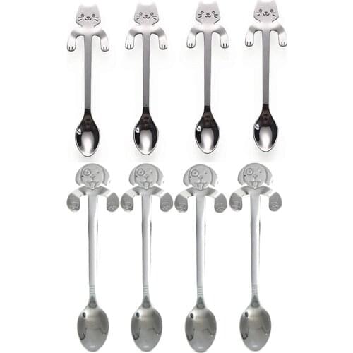 4 Pcs Coffee Spoon Stainless Steel Dog Spoon and 4Pcs Cat Spoon Dessert Spoon Drink Spoons Mixing Spoon Kitchen Supplies