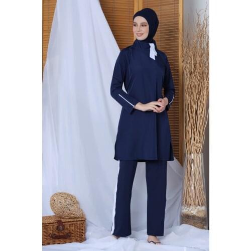 Womens Long Sleeve Collar Detailed Spanish Trotting Hijab Swimwear 19365 Navy Blue