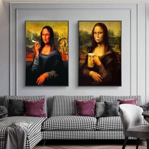 Funny Art Mona Lisa Drink and Smoking Canva Poster Wall Art Pictures Da Vinci Famous Painting on The Wall for Home Decor Cuadros