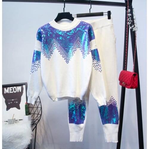 Amolapha Women Handmade Sequines Knitted Pullover +Trousers 2 Pieces Clothing Sets Winter Knitting Tracksuits Outfits
