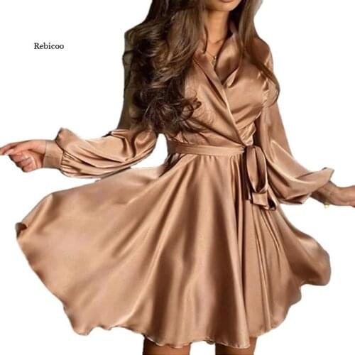 Sexy Women Mini Dressv-Neck Satin A Line Sashes Party Dress Lantern Sleeve Vintage Elegant Women Dress Autumn Spring New