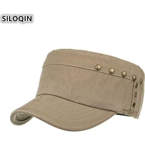 SILOQIN 2019 New Style Mens Vintage Cotton Military Hats Adjustable Size Retro Flat Top Caps For Adult Men Bone Brand Dads Hat