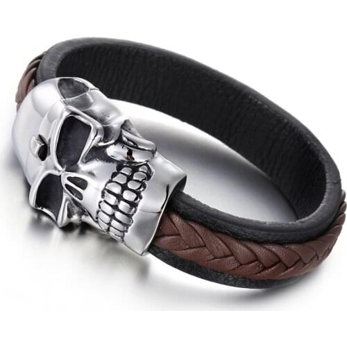 Mens 22cm Woven Leather Bracelet Punk Stainless Steel Huge Skull Charm Bracelet Wrap Bangle Rock Male Accessory Jewelry For Man
