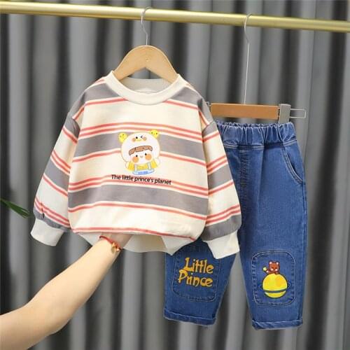 2021 Autumn Infant Clothes Outfit Baby Girls Boys Clothing Sets Kids Stripe Cartoon T Shirt Jeans Children Casual Sportswear