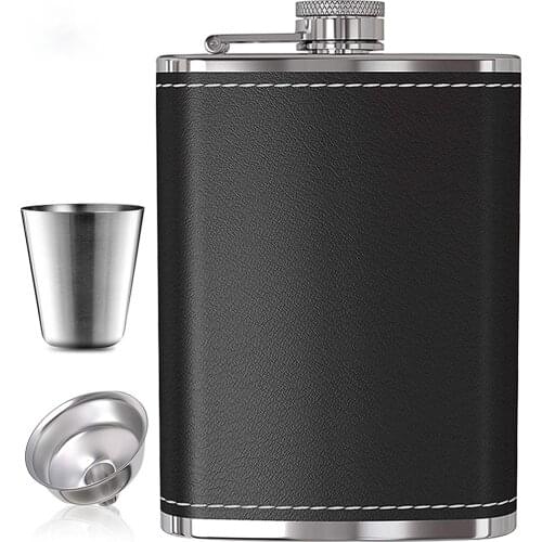 7oz 8oz Portable Stainless Steel Hip Flask Flagon Whiskey Wine Pot Leather Cover Bottle + Funnel Travel Tour Drinkware Wine Cup