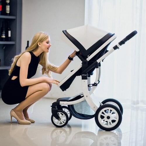 Luxury Baby Stroller 3 in 1,2020 New PU leather baby stroller and car seat, High Landscape Portable Pushchair,white pram