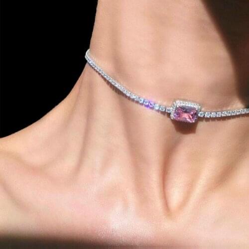 Luxury Pink Crystal Choker Necklace Statement for Women Bling Full Rhinestone Collar Bridal Necklace Wedding Jewelry Custom