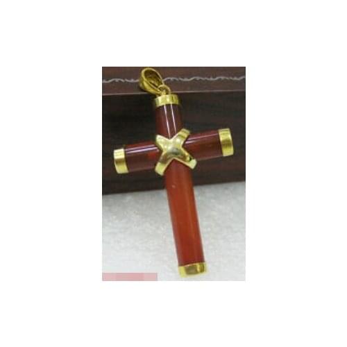 Jew2206 Red Agate Jade 18KGP Cross Christmas Pendant & Necklace