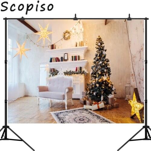 Scopiso Christmas Golden Stars Sofa Fireplace Carpet Elegant Photography Backdrops for Newborn Photophone Photo Background