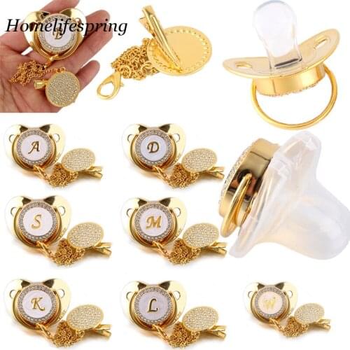 26 Name Initial Letter Baby Pacifier & Pacifier Clips BPA Free Silicone Infant Nipple Gold Bling Newborn Dummy Soother Baby Gift