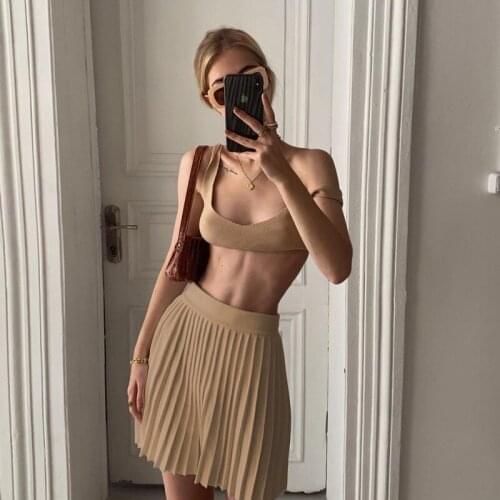 Knitted Dress Sets Women Sleeveless Bra Tank Tops + A-line Pleated Skirts Summer Beach Wear Elastic Outfits Casual Streetwear