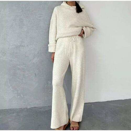 Knitted Womens Tracksuit Drawstring Front Big Pocket 2 Piece Set Sweatshirt+Pants Suit Female Spring Autumn Loose Sports Sets