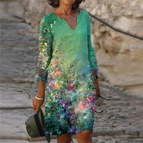 2021 New Color Loose Dress Matching Printed Patchwork V-neck Bamboo Retro Literary Round Neck Five-point Sleeve