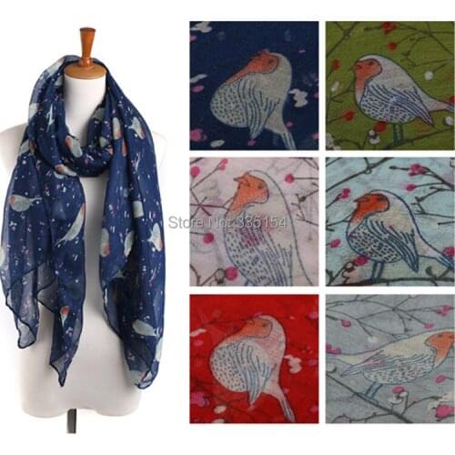 2015 New Animal Bird in Tree Printed Women Scarf Bird Pattern Cotton Voile Scarf 5Colors 10PCS/lot