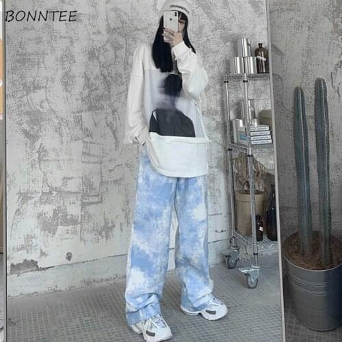 Casual Pants Women Hip Hop Full Length Elastic Waist Tie Dye Wide Leg Harajuku Cool Girl Blue Ins Boyfriend Spring Daily Fashion