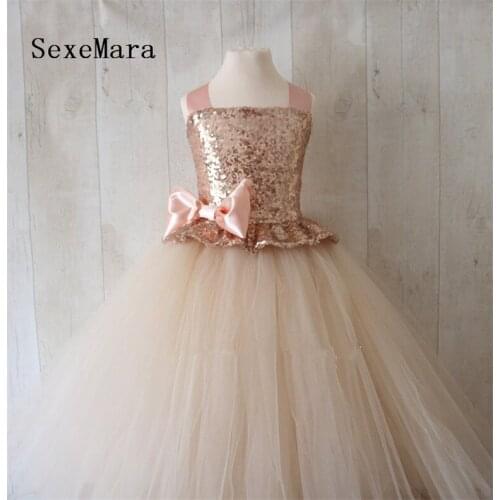 Rose Gold Sequins Flower Girl Dress Champagne Puffy Tulle Little Princess Birthday Party Dress Kids Christmas Costumes
