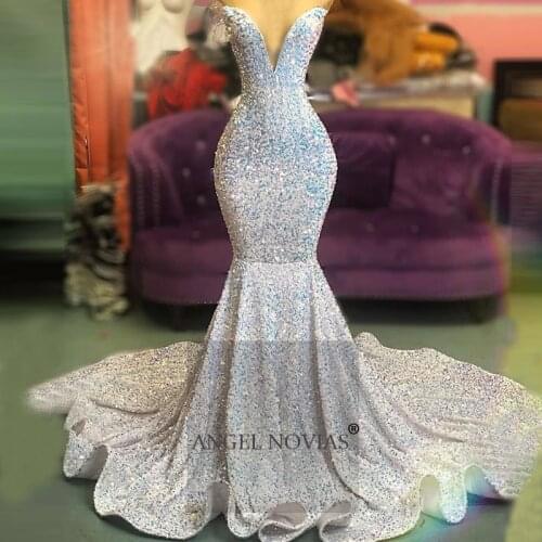 Long White Sequins Mermaid Prom Dresses 2020 Formal Party Women Evening Dresses 2021 For Black African Girls