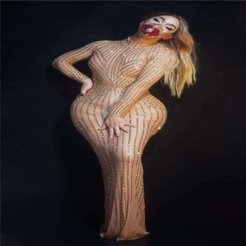 H06 Party dance wears stage costumes stretched diamonds evening dress gold rhinestones skirt crystal outfits host clothe drill