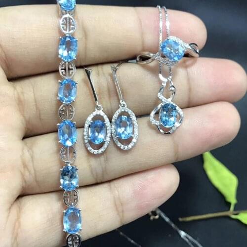 Fashion blue topaz gemstone ring earring necklace and bracelet jewelry set 925 sterling silver real certified natural gem gift
