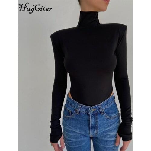 Hugcitar 2020 Long Sleeve Shoulder Padded Backless Sexy Bodysuit Autumn Winter Women Fashion High Neck Pure Romper Body