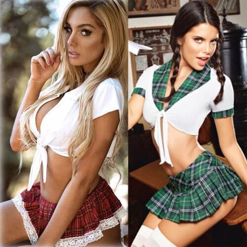 2PCS Sexy Costumes School Girls Students Plaid Skirt Uniform Sets Cheerleader Role Play Cosplay Christmas Erotic Sex Femme Suits