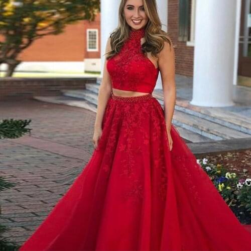 Red Two Piece Prom Dress Formal Special Occasion Evening Gowns Bead Long Party School Pageant Skirts