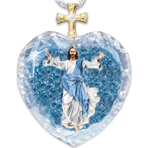 Creative Blue Crystal Cross Jesus Pattern Necklace Fashion Two Color Pendant Jewelry