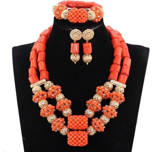 2017 Latest Coral Jewelry Sets Nigerian Dubai Orange Necklace Sets of Beads African Bridal Jewelry Sets CNR281