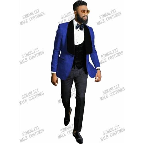 JELTONEWIN New Men Suit 3 Piece Formal Groomsmen Royal Blue Jacquard Blazer Best Man Groom Wedding Suit Tuxedo Jacket Vest Pants