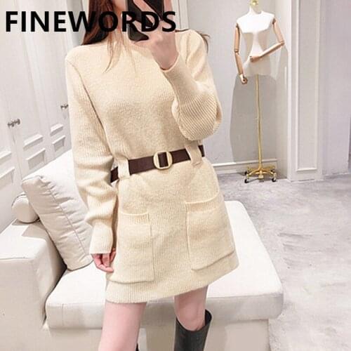 FINEWORDS Solid Korean Straight Knitted Winter Dress With Belt Casual Vintage Sexy Mini Dress Long Sleeve O Neck Sweater Dresses