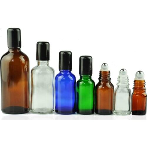 Roll On Bottle Glass Essential Oil Bottle Refillable Cosmetic Container Stainless Bead Black Plastic Cap 4 Colors Essence Vial