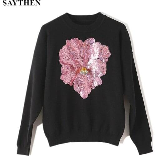 SAYTEHN New 2021 Spring Europe Street Style Women Knit Sweater Sequins 3D Big Flower Beading Knitwear Pullovers