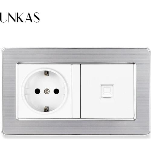 UNKAS Gray Stainless Steel Panel 16A EU Standard Power Socket + Grey RJ45 Internet Computer Connector Jack 146MM*86MM Outlet