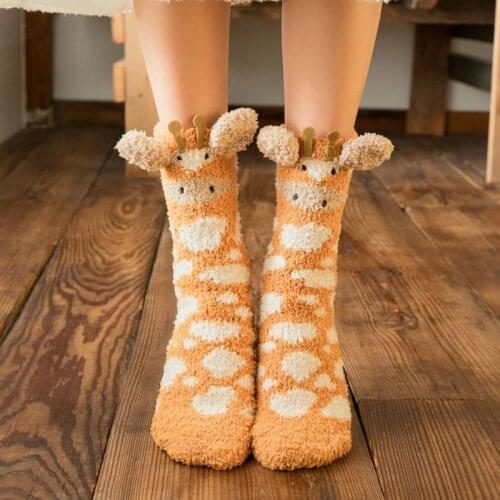 Women Winter Fluffy Fuzzy Slipper Socks 3D Cartoon Animal Coral Velvet Hosiery