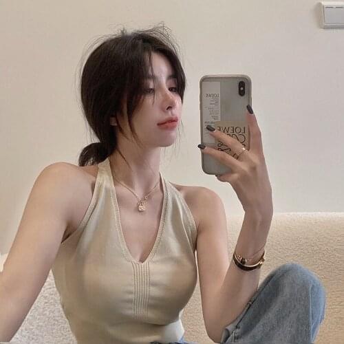 Female Solid Color V-Neck Sleeveless Pullover Halter Tops Off Shoulder Shirt For Summer Halter Design And Midriff-Baring Design