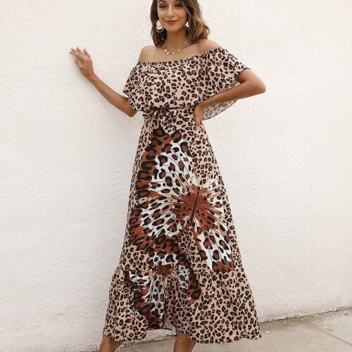 Summer Elegant Leopard Print Maxi Dress Woman Ruffles Short Sleeeve Long Dresses Women 2021 Sexy Off Shoulder Lace Up Robe Femme