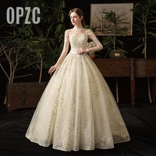 Long Sleeve wedding Dress 2019 Vestido De Novia New Winter style vintage High Neck Backless Lace Ball Gown Champagne Plus Size