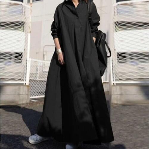 5XL Plus Size 2021 Autumn New Women Fashion Long Sleeve Turn-down Collar Cotton Loose Dress Casual Solid Vintage Dress