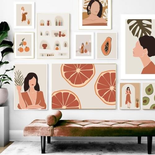 Abstract Girl Orange Monstera Bottle Avocado Nordic Posters &Prints Wall Art Canvas Painting Wall Pictures For Living Room Decor