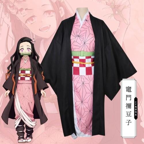 Kamado Nezuko Anime Cosplay Costume Wig Demon Slayer Kimetsu no Yaiba Kimono Uniform Cloak Full Set Halloween Gradient hair